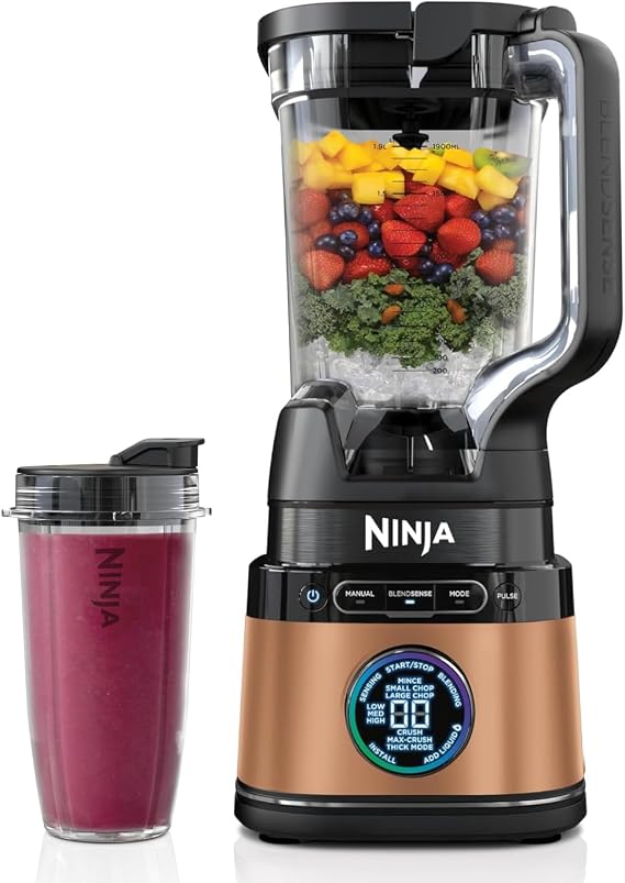 Ninja 2-in-1 Detect Power Mixer Pro &amp; Single Serve 1200 W Mixer with Jug Single Serve Cup Smoothies Mixing Chopping Vegetables &amp; Mixing Frozen Drinks Copper/Black TB301EUCP