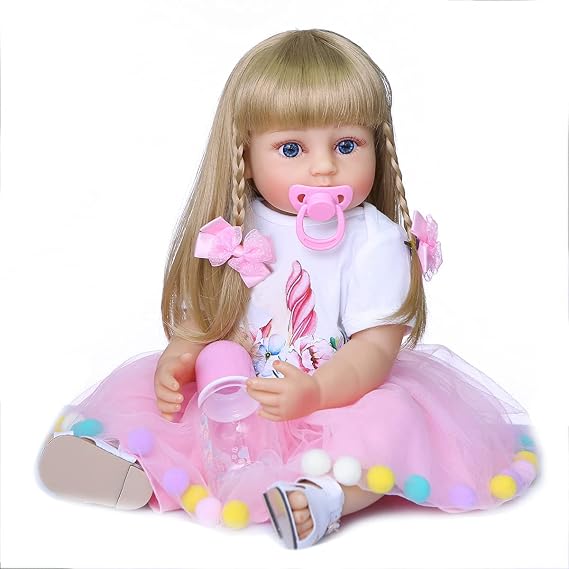 Lifelike Reborn Baby Dolls 22 Inch Silicone Full Body Vinyl Blonde Hair Realistic Toddler Girl Cute Silicone Baby Doll Toddler Reborn Toys for Kids Age 3+