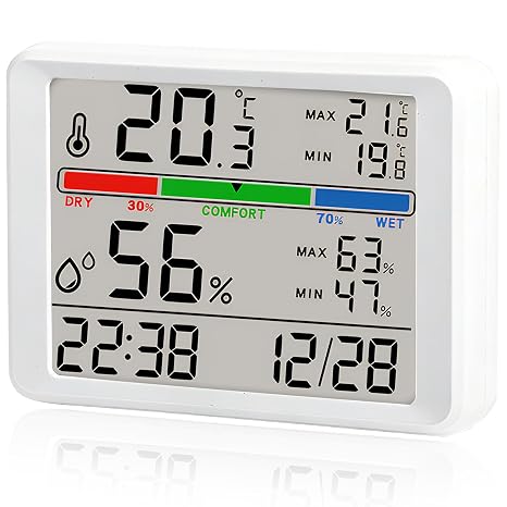 Humidity and Temperature Monitor Hygrometer Indoor Digital Room Thermometer with High Low History, Humidity Temperature Gauge Meter Wireless for Home, Touch LCD with Calibration Backlight Clock
