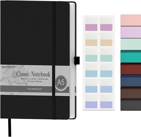 A5 Notebook with Lined Pages,196 Pages,100GSM Notepad with Soft PU Cover,Pen Holder,inner Pocket,Index Tabs.Journal Note Book for Office School Home Writing and Note-Taking(black)