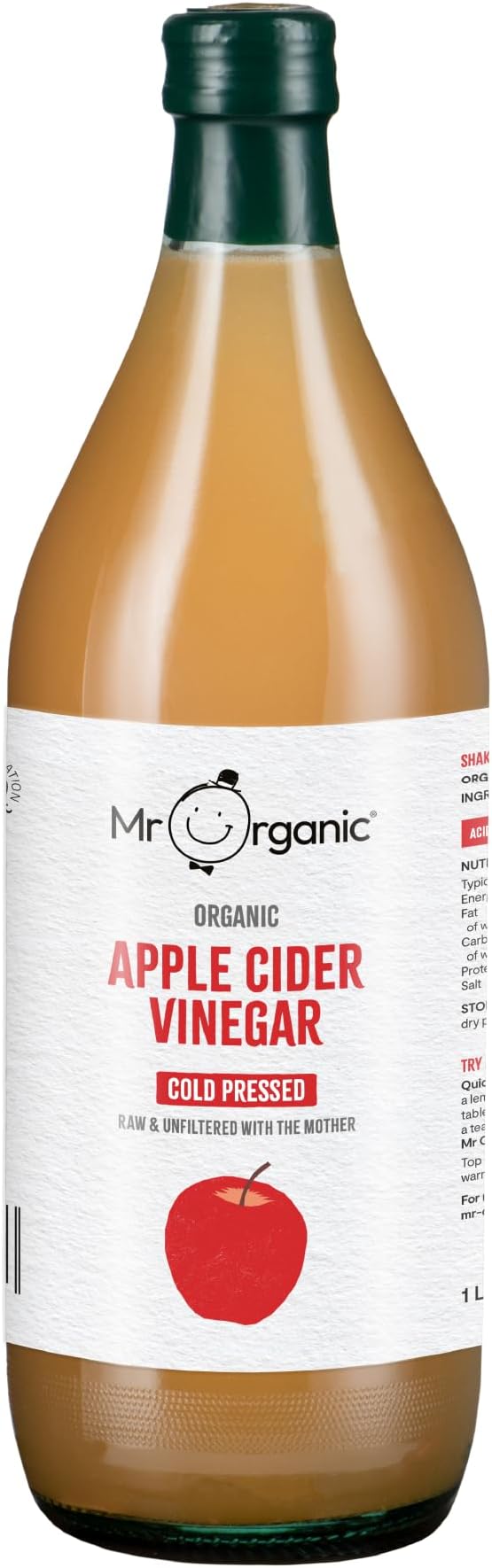 Mr Organic - Organic Apple Cider Vinegar 1L - Raw, Unfiltered & Unpasteurised - With the Mother - Made from 100% Organic Apples - Can be Used for Dressings & Drinks