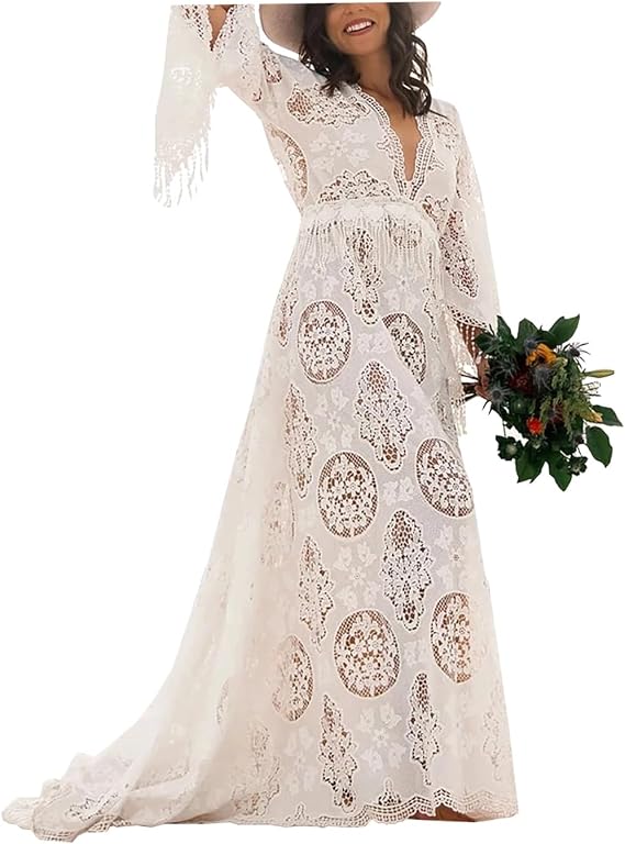 Boho Lace Wedding Dresses for Bride V Neck Beach Bridal Gown Long Sleeve Wedding Dress with Train