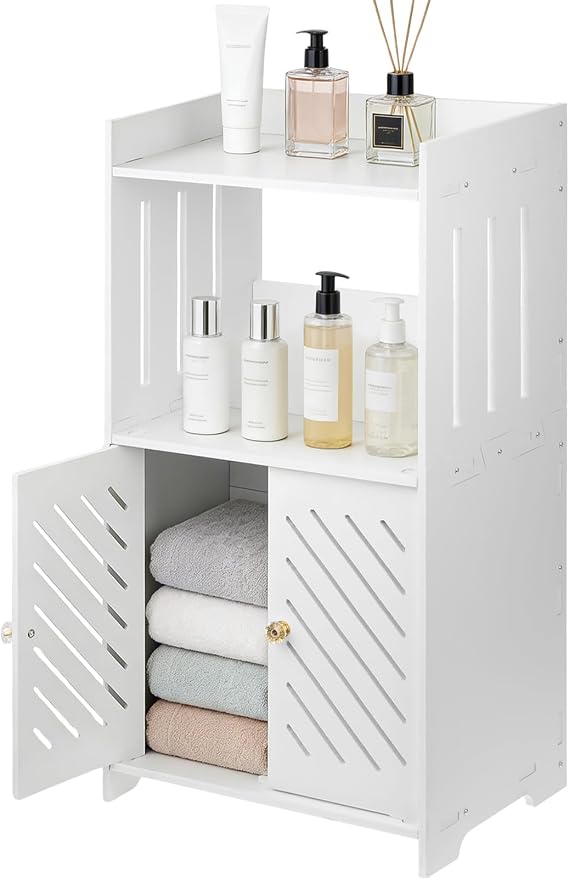 3-Tier Bathroom Storage Tower Organizer, Freestanding Bathroom Floor Organizer with Door and Shelf, Small White Floor Container Organizer for Bathroom Bedroom Living Room Entryway Hallway Small Space