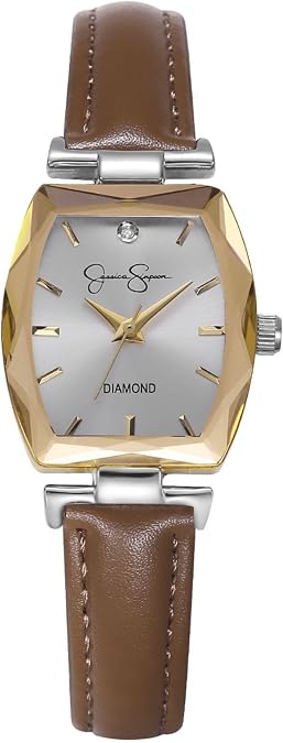 Jessica Simpson Diamond Collection Women's Watch, Classic Quartz, Leather Band, Barrle Faceted Crystal Face, Elegant Dress Watch for Women