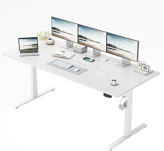 Klicelor Height Adjustable Electric Desk, 2 Memory Buttons, 160x80cm | 80cm wider Standing Desk, 72-116cm, Sit-Stand Office Desk with 2 Hooks, Computer Desk for Home Office, 4 pcs Desktops, White