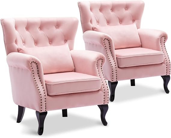 LZAREAL Accent Reading Arm Chairs Set of 2 for Living Room Bedroom, Midcentury Modern Comfy Corner Sofa Chair, Wingback Waiting Room Club Chair with Button Tufted Back &Lumbar Pillow, Velvet Pink
