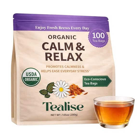Organic Calm&Relax Herbal Tea Bags Chamomile Tea Bags, Rooibos & Raspberry Leaf 100 Plant-Based Tea Bags Caffeine Free USDA Organic Tea Tealise