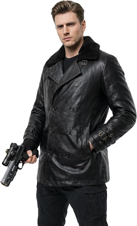 RE9 Leon Kennedy Leather Coat Mens Black Fur Collar Double Breasted Long Leather Trench Jacket