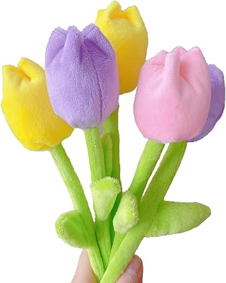 Plush Tulips Bouquet, 5 Pcs Stuffed Flower Toy with Bendable Stems, Decorative Flower Gift for Graduation, Valentines Day, Wedding,Christmas