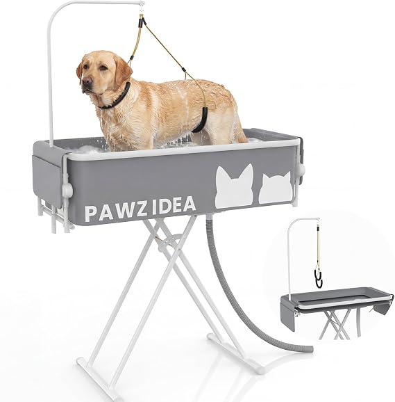 PAWZIDEA 2-in-1 Portable Dog Bathtub & Grooming Table for Medium to Large Dogs, 109cm Foldable Dog Washing Station, 5-Height Adjustable Elevated Pet Shower Bath, 4.5cm Fast Drain, Indoor Outdoor | 5 Height Adjustable Elevated Dog Bathtub, Foldable Washing Station w/ Grooming Arm &1.8" Fast Drain, up 150lb,Indoor Outdoor