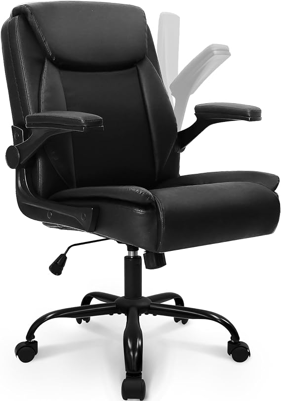NEO CHAIR PU Leather Office Desk Chair with Adjustable Arms, All Black | Ergonomic Mid Back Computer Desk Chair Comfy with Wheels Swivel Rolling for Home Office Gaming Study