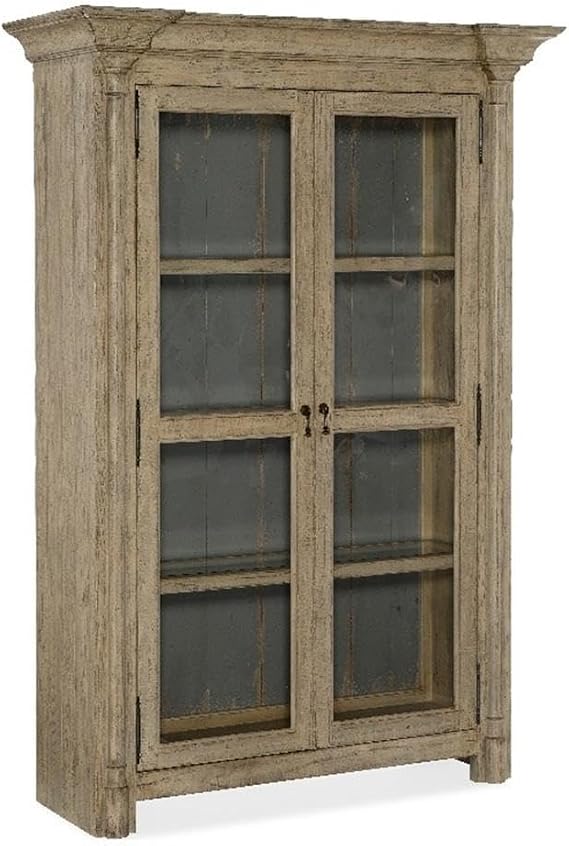Bowery Hill Modern Display Cabinet, 80 in Height, Brown Wood, Framed Beveled Glass Doors, Adjustable Shelves, Teardrop Burnished Brass Hardware, European Farmhouse Style for Living Room or Dining Room