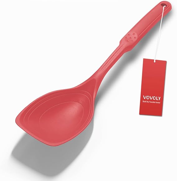 Large Silicone Cooking Spoon, Deep bowl & Measurement Mark, Solid, Red