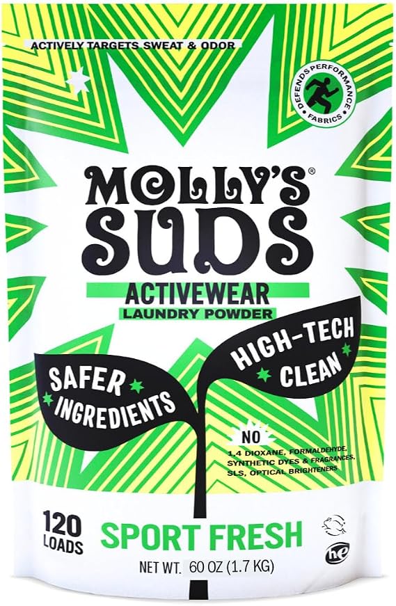 Molly's Suds Active Wear Laundry Detergent Powder - Natural Extra Strength Washing Powder, Stain Fighting for Performance Fabrics and Sensitive Skin - 120 Loads