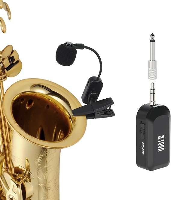 XTUGA Wireless Saxophone Microphone 2.4G Rechargeable System Clip-On Instrument Mic, 8 Hours Battery Transmitter Receiver for Saxophone, Trumpet, Trombone Brass (KX-721)
