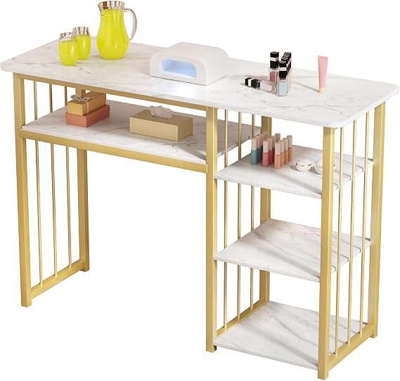 Nail Desk, Nail Table with 3-Tier Open Shelves & Marble Texture, 39.4" Professional Manicure Table for Salon/Home, Heavy-Duty Metal Frame & Non-Slip Feet for Nails Techs White