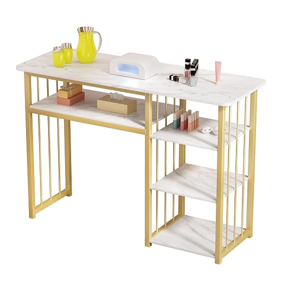 Nail Tech Desk, Manicure Table Nail Station, Marbling Texture Manicure Desk with Multi Open Shelves for Beauty Salon Spa White