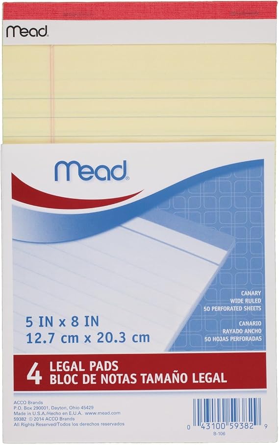 Mead Canary Junior Legal Pads, 5 x 8 Inch, 4 Pack 50 Sheets (59382)