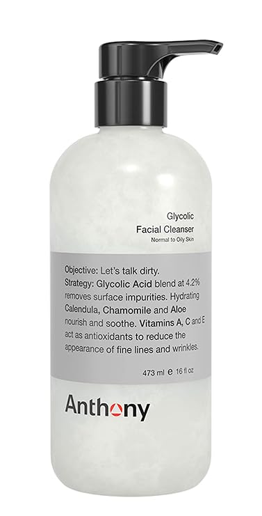 Anthony Glycolic Facial Cleanser for Men, Daily Exfoliating & Hydrating Face Wash, Shave Prep, Non-Foaming, Deep Cleansing, Gentle on Sensitive Skin, Removes Dirt & Oil, Smooths Texture, 16 Fl Oz
