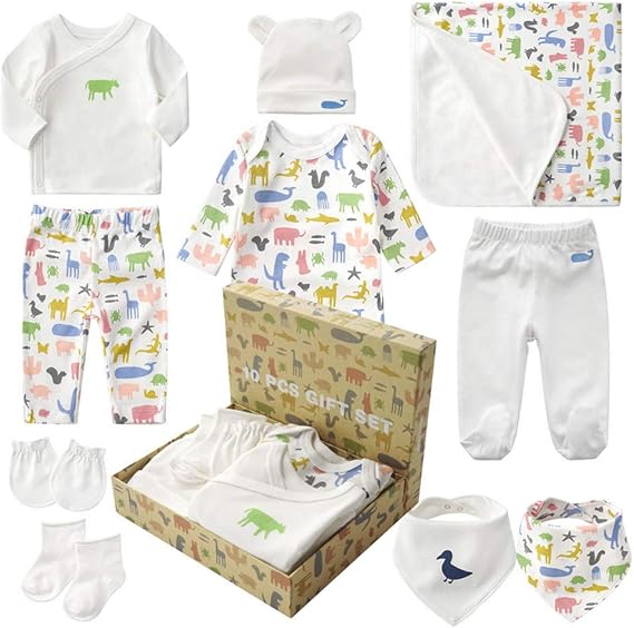 Baby Shower for Boys and Girls, Gift Set, 10 Pieces, Newborn Clothes, Baby Supplies, Preparation, Baby Hat, Underwear, Swaddling, Pants, Rompers, Gloves, Socks, Bib, Cotton, 100% Cotton, Height 19.7 - 23.6 inches 50 - 60 cm, Newborn to 3 Months