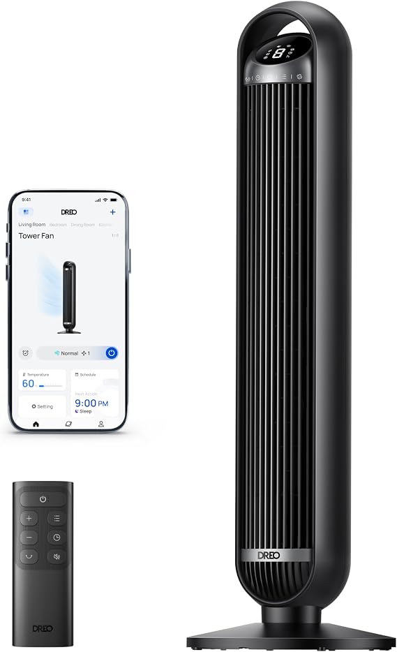 DREO 25 dB Akıllı Sessiz Kule Tipi Fan, 8 m/s Hava Akışı, 8 Hız Kademesi, 4 Çalışma Modu, DC Motorlu Serinletme, 90° Salınım, Kanatsız Tasarım, 8 Saat Zamanlayıcı, Wi-Fi/Alexa/Uzaktan Kumanda Desteği