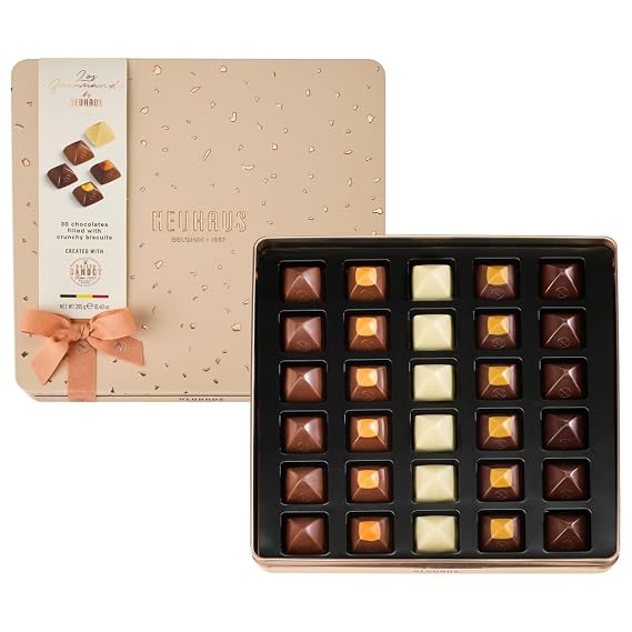 Neuhaus Belgian Chocolate "Les Gourmands" 30 Pieces Assorted Milk, White & Dark Chocolate in 5 Flavors: Speculoos, Salted Caramel, Pistachio, Earl Grey & Dark Chocolate | Chocolate & Biscuit Pralines | Tin Box