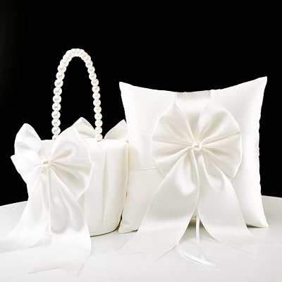 Flower Girl Baskets and Ring Bearer Pillow Set, Flower Girl Basket with Pearl Handle, Ivory Fariy Wedding Baskets for Flower Girls, Ring Pillow for Ring Boy