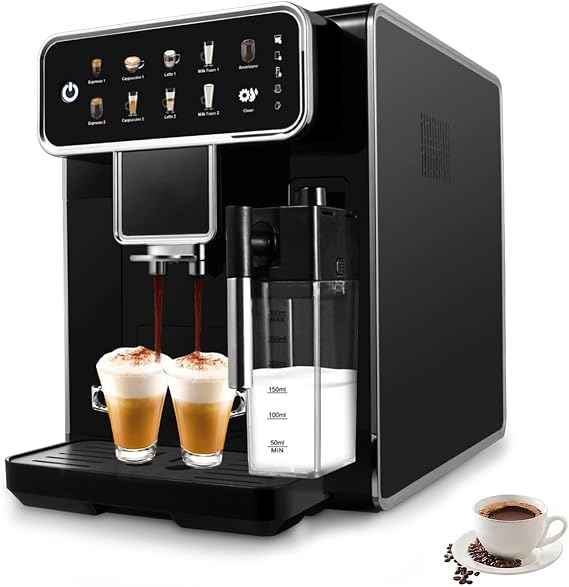 Fully Automatic Espresso Machine with Grinder, Bean to Cup Coffee Machine with One-Touch Cappuccino, Latte & Americano, Superautomatic Espresso Maker with Self-Cleaning for Home Office