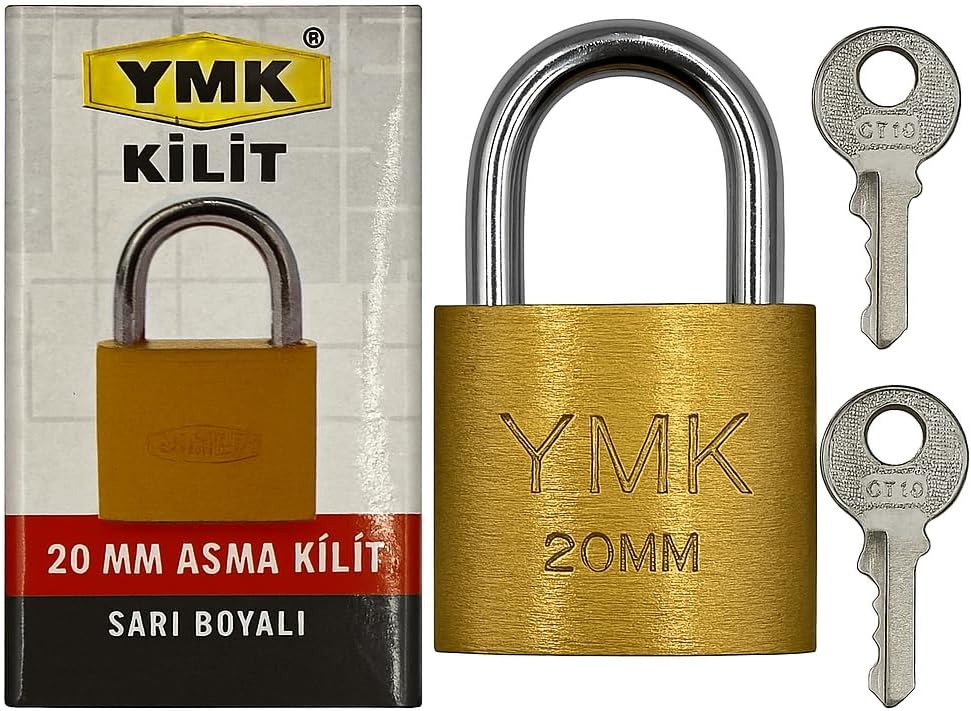 Yuma YMK Asma Kilit, Sağlam Döküm Gövdeli, Yedek Anahtarlı, Yüksek Güvenlikli, Paslanmaz Çelik Kulplu, Korozyon Dirençli, Kapı, Depo, Dolap ve Bahçe Kilidi (Kısa, Sarı, 20 mm)