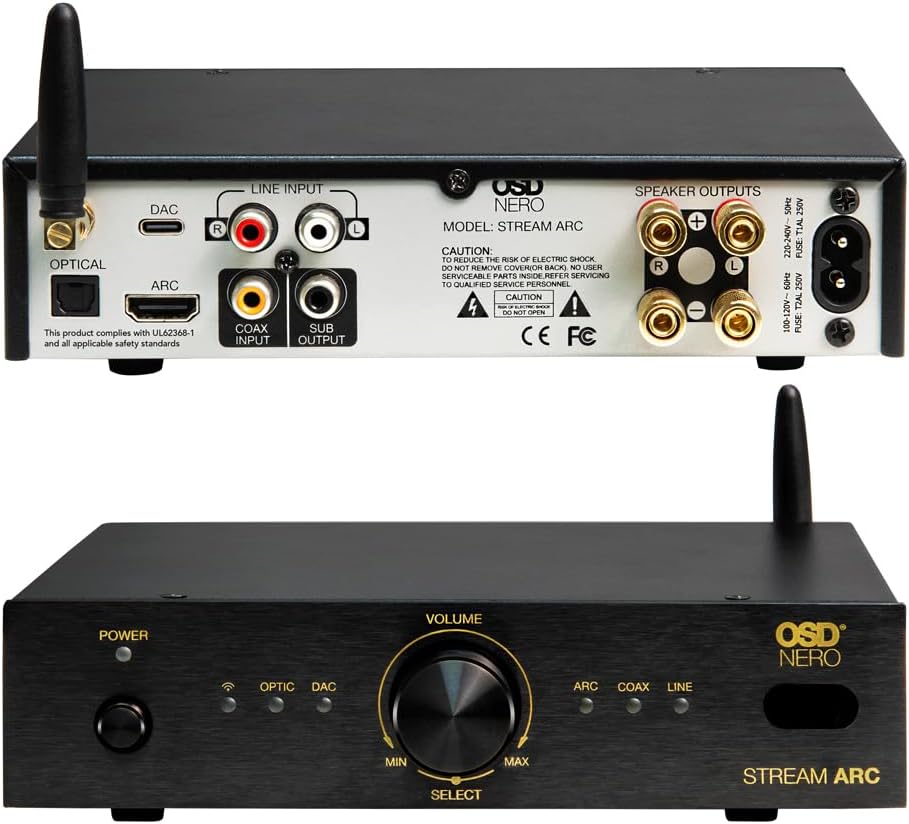 OSD Audio Nero Stream ARC 100W 2Ch Stereo Amplifier Class D wARC Input, Wireless BT, Type-C DAC, Optical