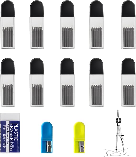 Compass Refills 2B Compass Refills with Eraser and Compass Sharpener 2 mm Compass Lead Compass Replacement Leads for Mathematical Drawing Creation Pack of 100