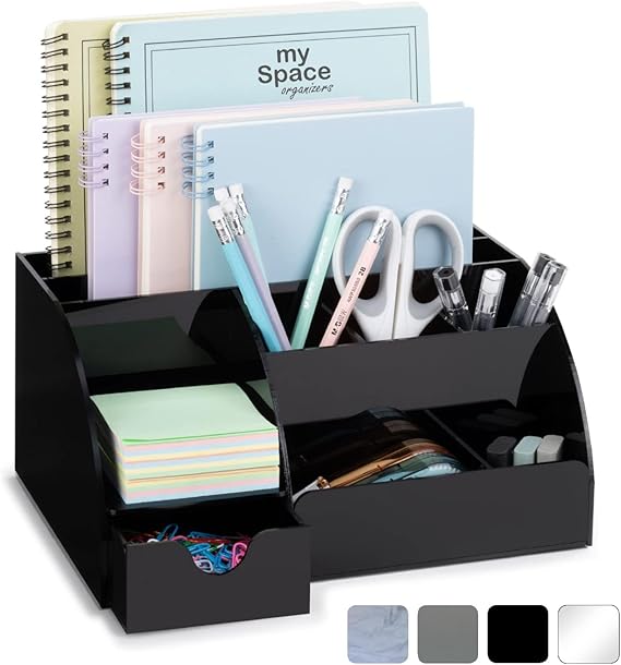Acrylic Desk Organiser with Drawer, 9 Compartments, All in One Office Supplies and Cool Desk Accessories, Organiser, Improve Your Office Decoration with this Desktop Organiser, Black