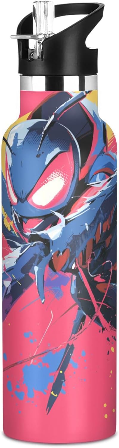 Red Anime Ant Sports Water Bottle with Leak Proof Spout Lid Double-Wall Vacuum Insulation for Water, Milk, Juice, School, Camp, Sport
