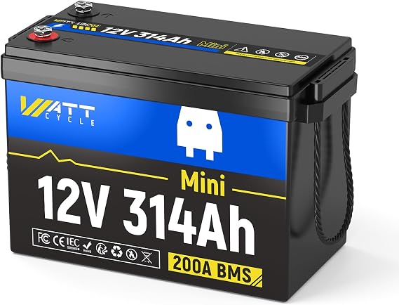 Wattcycle 12V 314Ah Mini LiFePO4 Battery 200A BMS 4.01kWh 6000+ Cycles | High-Capacity Mini Battery with 6000+ Deep Cycles, Designed for RV, Marine, Camping and Solar Off-Grid Energy Storage