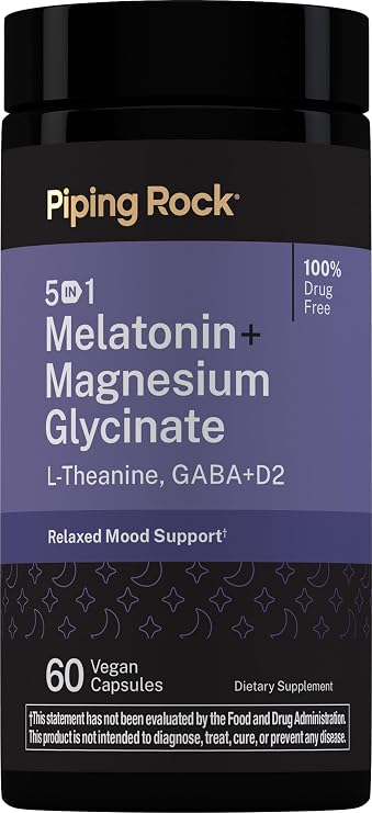 Piping Rock Melatonin with Magnesium | 60 Capsules | Relaxed Mood Support | Complex with L-Theanine, GABA, D2 | Non-GMO, Gluten Free
