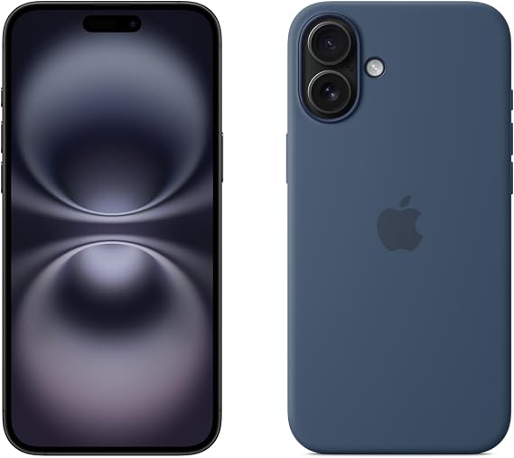Apple iPhone 16 Plus 128GB: 5G Mobile phone with Apple Intelligence - Black + Silicone Case with MagSafe - Denim