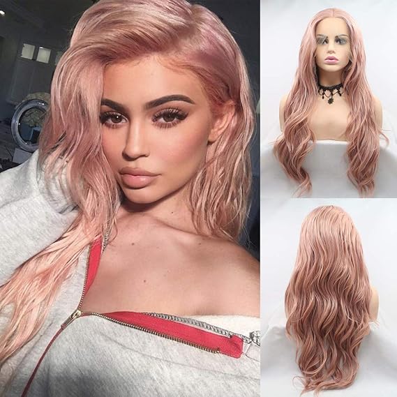 Rose Pink Wigs for Women Rose Gold Handmade Lace Front Wigs Pre Plucked Narural Hairline Long Wavy Lace Wigs Colorful Realistic Wigs Glueless Synthetic Heat Resistant Fiber Hair Cosplay Daily 24Inch