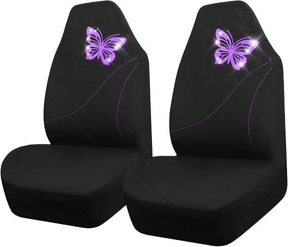 CAR-GRAND Bling Butterfly Front Seat Covers,Purple Bucket Seat Covers for Women Girly,Two Front Seat Covers Only,Airbag Compatible, Universal Fit for SUV Sedan Truck Van Coupe (Purple and Black)