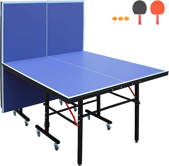 84FT Indoor/Outdoor Blue Table Tennis Table with Quick Clamp Ping Pong Net with Two Rackets and Three Balls,1 Net and 4 Wheels Set Behind It for Easy Movement,Foldable Single-Player Game