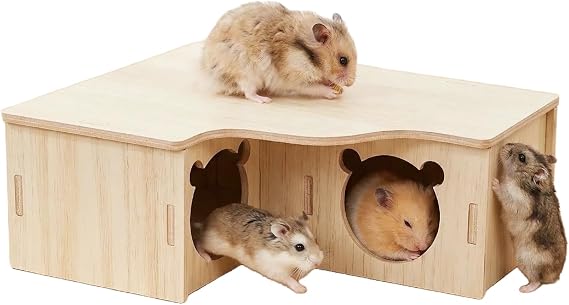 Hamster House Hide Wood, 3-Chamber Wooden Hamster Corner House Platform, Chew-Resistant Small Animal Shelter for Cage, Hamsters Gerbils Chinchillas Mice