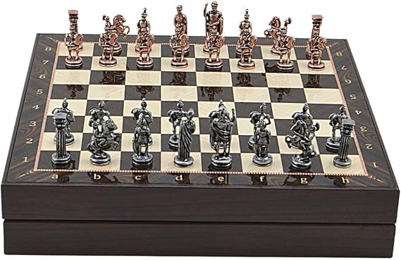 GiftHome Medium Size Metal Roman Chess Set Antique and Walnut Patterned Chested MDF Board (36x36x6 cm.)