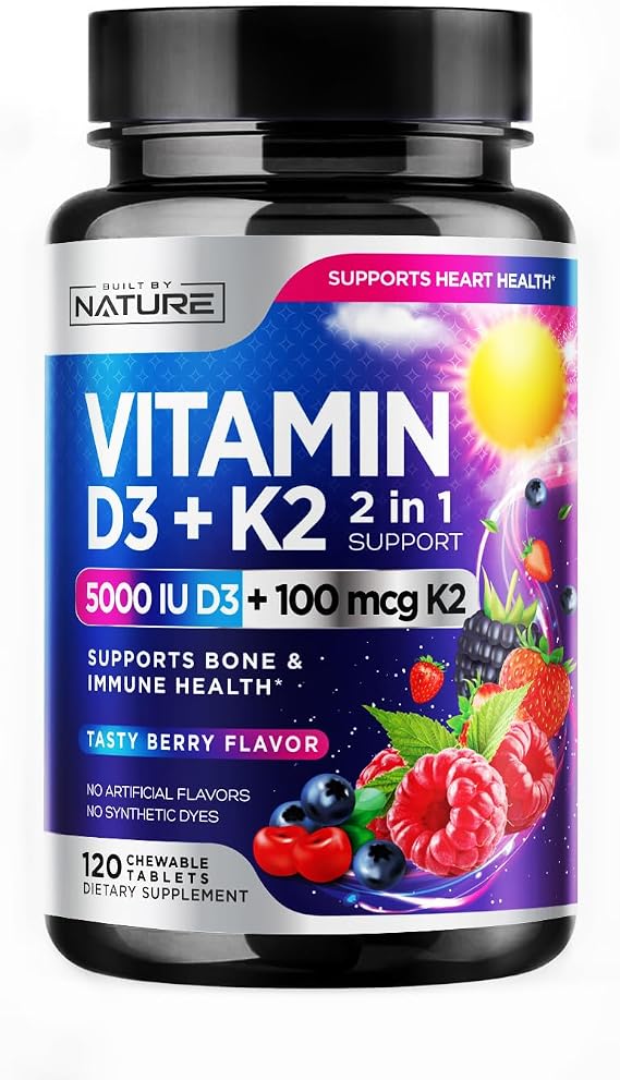 Vitamin D3 K2 Chewable, 5000 IU & K2 MK-7 100 mcg, 120 Tablets | 2 in 1 Supplement, Immune, Heart, Bone Support, Non GMO, Tasty Berry Flavor