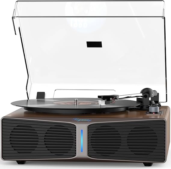 Trynnay Record Player with Speakers, Bluetooth Turntable with Built-in Speakers, Adjustable Counterweight, AT-3600L, 33/45 RPM, Adjustable Brightness Light Bar, Walnut