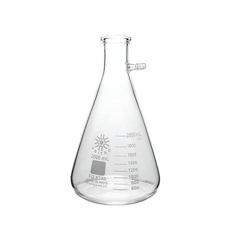 United ScientificTM FG5340-2000 Laboratory Grade Borosilicate Glass Heavy Wall Filtering Flask, Bolt Neck with Tubulation, 2000mL (2L) Capacity