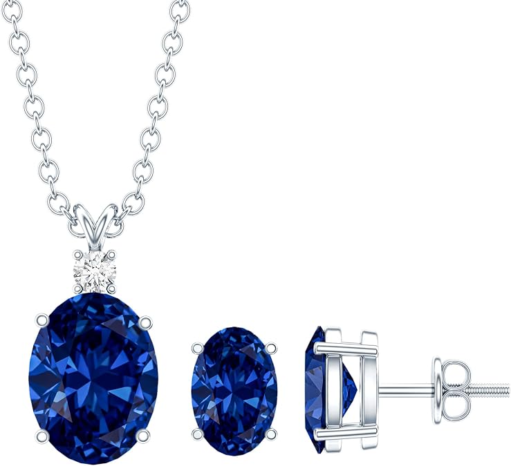 Certified Lab Grown Blue Sapphire Necklace and Earrings Set, Aaaa Quality
