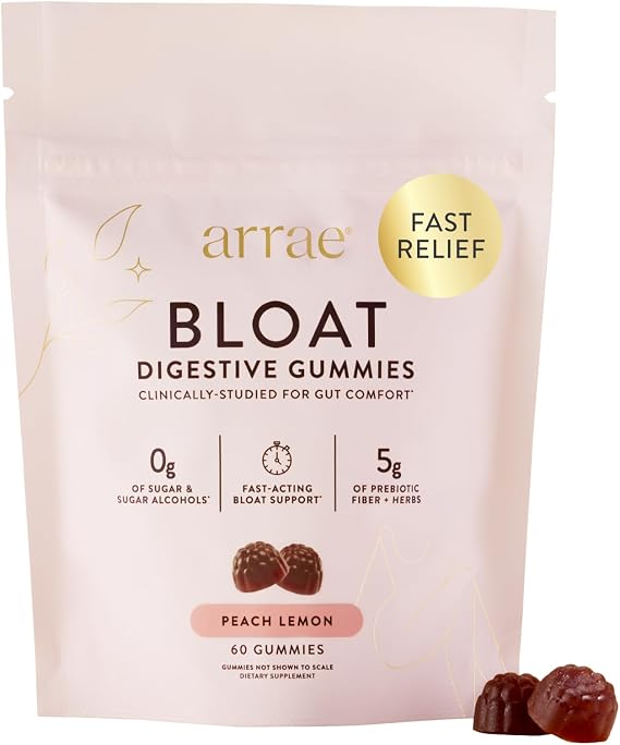 Arrae Bloat Gummies, Sugar-Free with Fiber, Peach Lemon, 60 Count