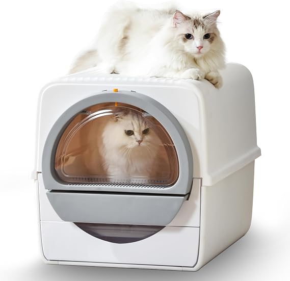 Self Cleaning Cat Litter Box Odor Control, Pull and Scoop Litter Box with Enclosed Lid, Covered Non-Electric Semi-Automatic Self Cleaning Litter Boxes for Large Cats, White& Gray