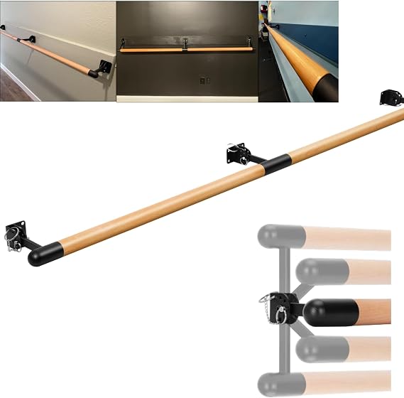 P Polerden Wall-Mounted Beech Wood Ballet Bar 6 Feet, Adjustable Wood Ballet Bar,Ballet Barre for 2 People, Traditional Wooden Ballet Barre System for Home Barre Workout Equipment