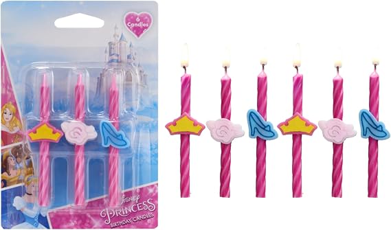 Disney Princess Birthday Cake Candles | 6 Birthday Candles for Cake Decorations, Pink Stripe Candles Featuring Aurora's Crown, Belle's Rose & Cinderella's Glass Slipper for Disney Princess Party