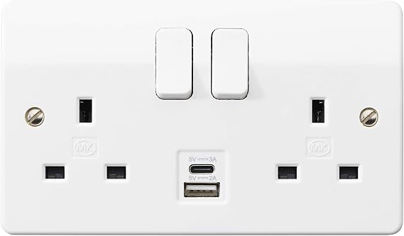 MK (ELECTRIC) Logic Plus Double Socket (K2745WHI) with Dual USB Charging Ports type A and C, (2-Gang, 13A), white